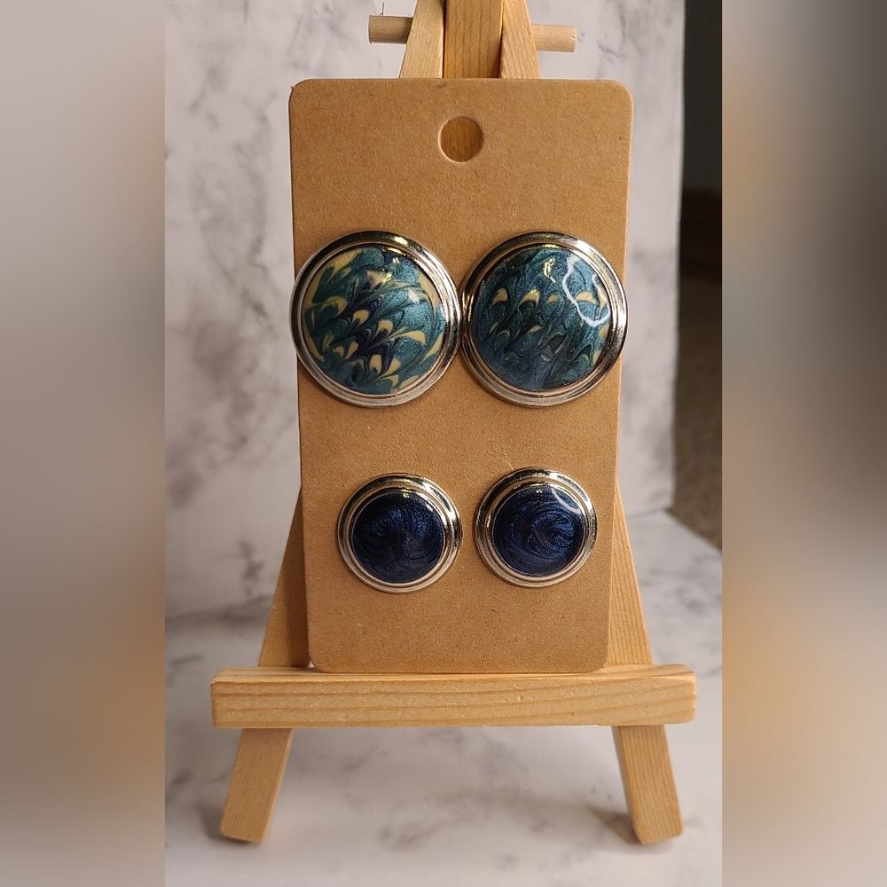 2 pairs of vintage silvertone round earrings with enamel